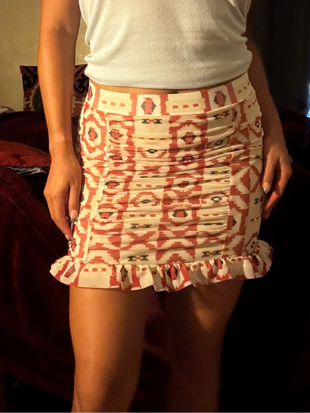 Free People Cream and Terracotta Geometric Ruffle-Hem Midi Skirt